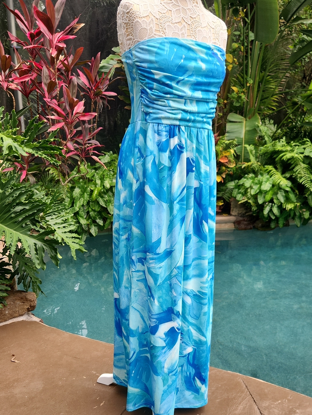 Grace Karin Blue Tropical Strapless Maxi Dress L & XL Avail!